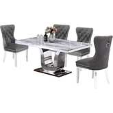 D14 5 Piece Dining Set in White Marble, Stainless Steel & Gray Velvet