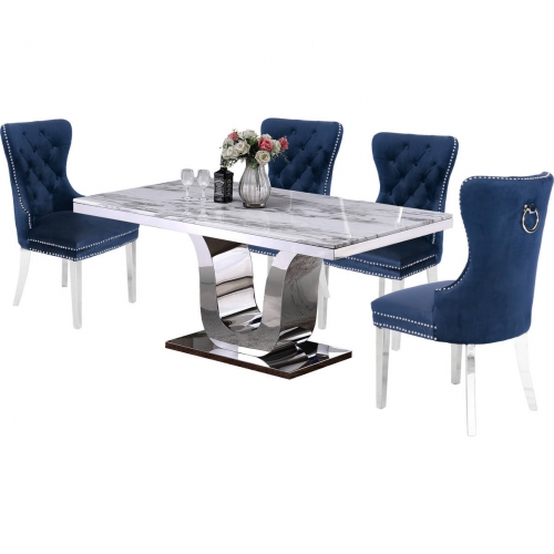 D14 5 Piece Dining Set in White Marble, Stainless Steel & Navy Blue Velvet