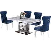 D14 5 Piece Dining Set in White Marble, Stainless Steel & Navy Blue Velvet