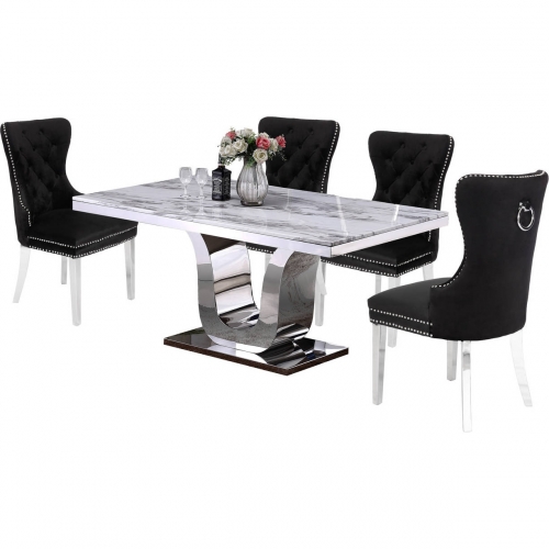 D14 5 Piece Dining Set in White Marble, Stainless Steel & Black Velvet