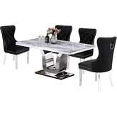 D14 5 Piece Dining Set in White Marble, Stainless Steel & Black Velvet