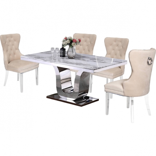 D14 5 Piece Dining Set in White Marble, Stainless Steel & Cream Velvet