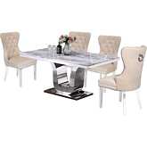 D14 5 Piece Dining Set in White Marble, Stainless Steel & Cream Velvet
