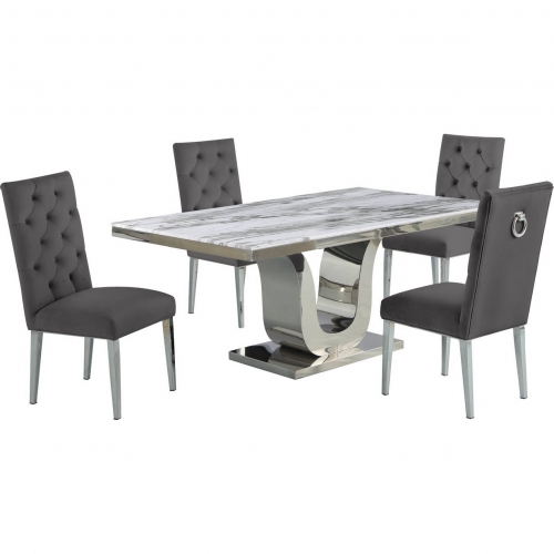 D14 5 Piece Dining Set in White Marble, Stainless Steel & Gray Velvet