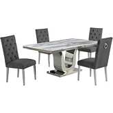D14 5 Piece Dining Set in White Marble, Stainless Steel & Gray Velvet