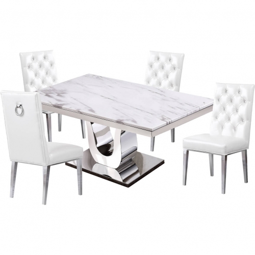 D14 5 Piece Dining Set in White Marble, Stainless Steel & White Leatherette