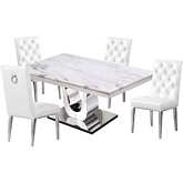 D14 5 Piece Dining Set in White Marble, Stainless Steel & White Leatherette