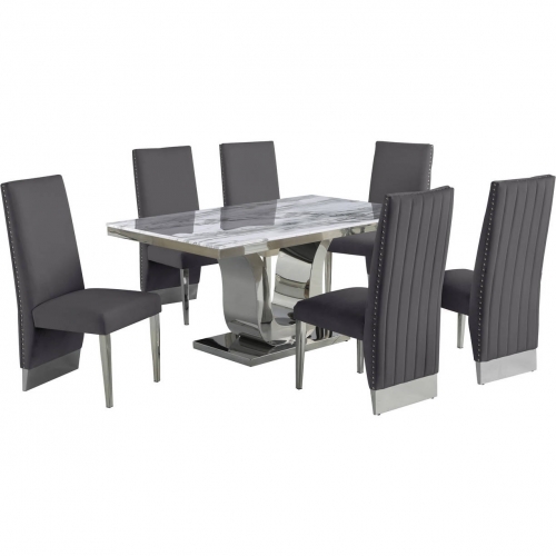 D14 7 Piece Dining Set in White Marble, Stainless Steel & Gray Velvet