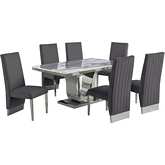 D14 7 Piece Dining Set in White Marble, Stainless Steel & Gray Velvet