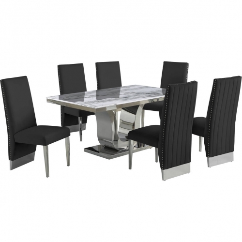 D14 7 Piece Dining Set in White Marble, Stainless Steel & Black Velvet