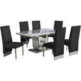 D14 7 Piece Dining Set in White Marble, Stainless Steel & Black Velvet