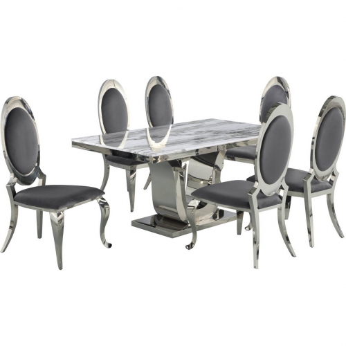 D14 7 Piece Dining Set in White Marble, Stainless Steel & Gray Velvet