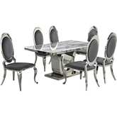 D14 7 Piece Dining Set in White Marble, Stainless Steel & Gray Velvet