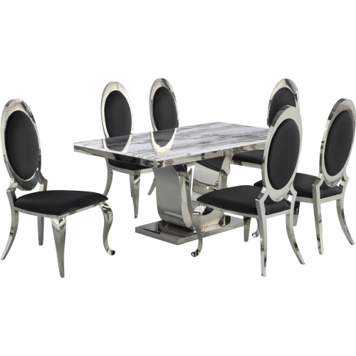 D14 7 Piece Dining Set in White Marble, Stainless Steel & Black Velvet