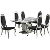 D14 7 Piece Dining Set in White Marble, Stainless Steel & Black Velvet
