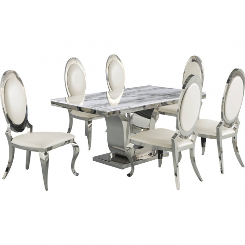 D14 7 Piece Dining Set in White Marble, Stainless Steel & White Leatherette