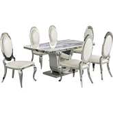 D14 7 Piece Dining Set in White Marble, Stainless Steel & White Leatherette