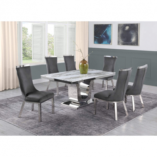 White Marble 7 Piece Dining Set with Silver Stainless Steel and 6 Chairs Dark Gray Velvet