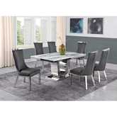 White Marble 7 Piece Dining Set with Silver Stainless Steel and 6 Chairs Dark Gray Velvet