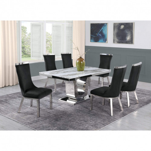 White Marble 7 Piece Dining Set with Silver Stainless Steel and 6 Chairs Black Velvet