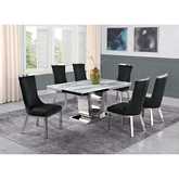 White Marble 7 Piece Dining Set with Silver Stainless Steel and 6 Chairs Black Velvet