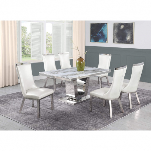 D14 7 Piece Dining Set in White Marble, Stainless Steel & White Leatherette