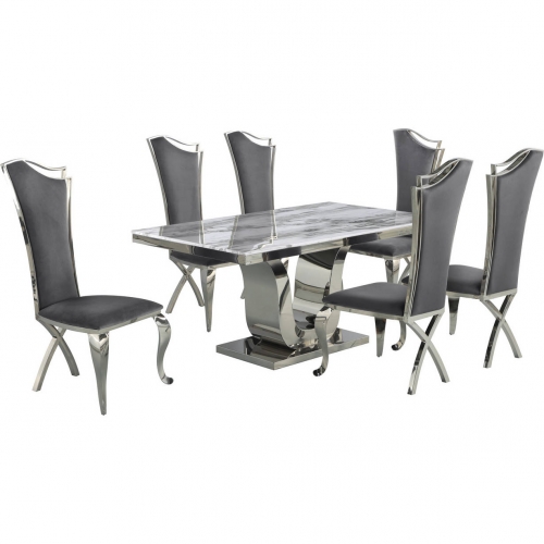 D14 7 Piece Dining Set in White Marble, Stainless Steel & Gray Velvet