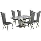 D14 7 Piece Dining Set in White Marble, Stainless Steel & Gray Velvet