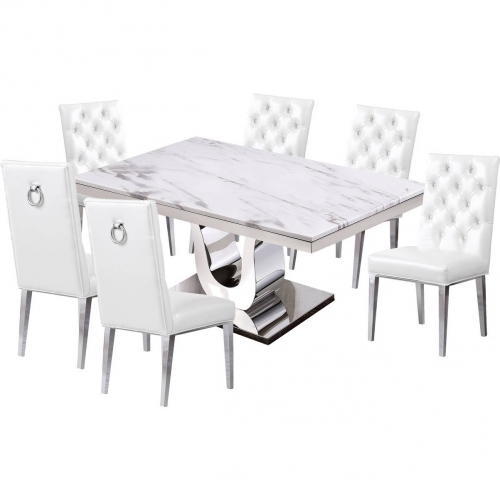 D14 7 Piece Dining Set in White Marble, Stainless Steel & White Leatherette