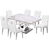 D14 7 Piece Dining Set in White Marble, Stainless Steel & White Leatherette