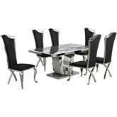 D14 7 Piece Dining Set in White Marble, Stainless Steel & Black Velvet