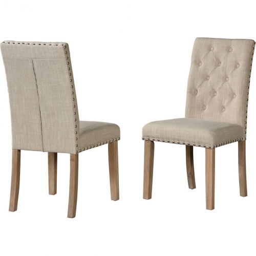D15 Dining Chair in Tufted Beige Linen & Rustic Natural Wood (Set of 2)