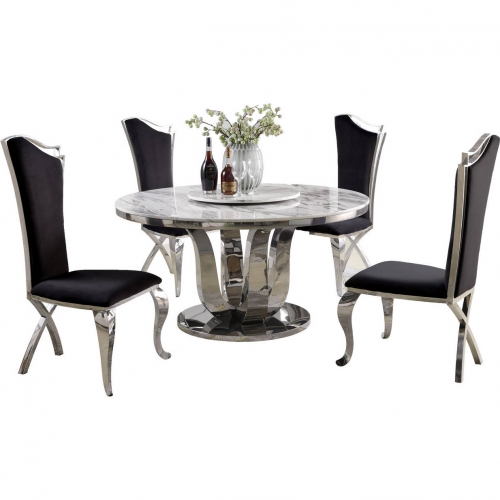 D16 6 Piece Dining Set with Lazy Susan in White Marble, Stainless & Black Velvet