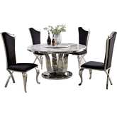 D16 6 Piece Dining Set with Lazy Susan in White Marble, Stainless & Black Velvet