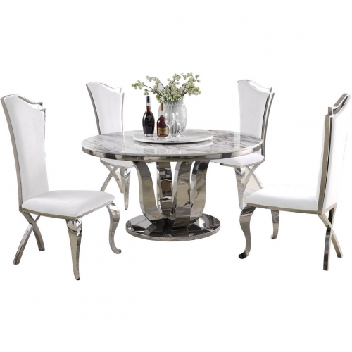 D16 6 Piece Dining Set with Lazy Susan in White Marble, Stainless & White Leatherette