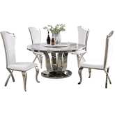 D16 6 Piece Dining Set with Lazy Susan in White Marble, Stainless & White Leatherette