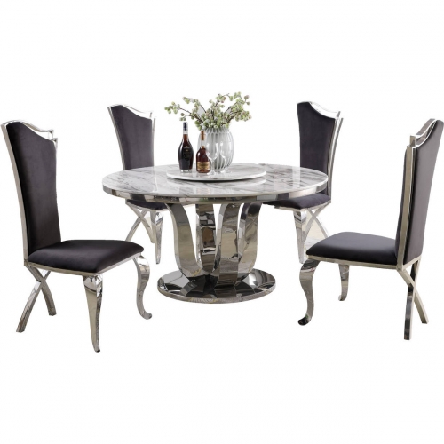 D16 6 Piece Dining Set with Lazy Susan in White Marble, Stainless & Dark Gray Velvet
