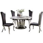 D16 6 Piece Dining Set with Lazy Susan in White Marble, Stainless & Dark Gray Velvet