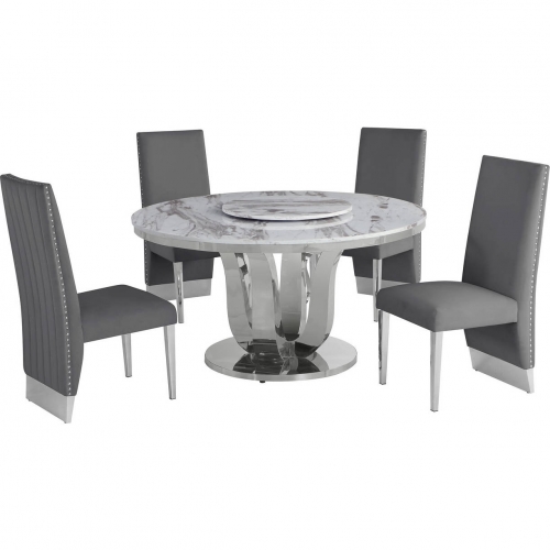 D16 6 Piece Dining Set with Lazy Susan in White Marble, Stainless & Dark Gray Velvet