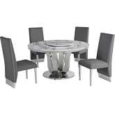 D16 6 Piece Dining Set with Lazy Susan in White Marble, Stainless & Dark Gray Velvet