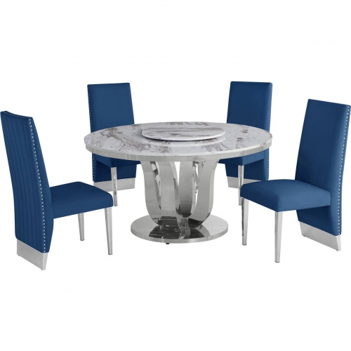 D16 6 Piece Dining Set with Lazy Susan in White Marble, Stainless & Navy Blue Velvet