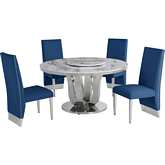 D16 6 Piece Dining Set with Lazy Susan in White Marble, Stainless & Navy Blue Velvet