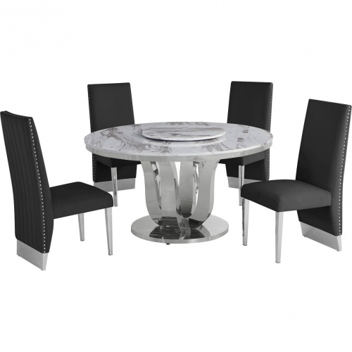D16 6 Piece Dining Set with Lazy Susan in White Marble, Stainless & Black Velvet
