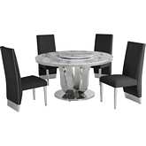 D16 6 Piece Dining Set with Lazy Susan in White Marble, Stainless & Black Velvet