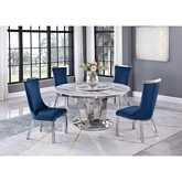 D16L Round 5 Piece Dining Set in White Marble, Stainless Steel & Navy Blue Velvet
