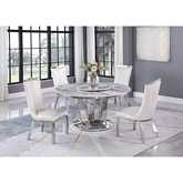 D16L Round 5 Piece Dining Set in White Marble, Stainless Steel & White Leatherette