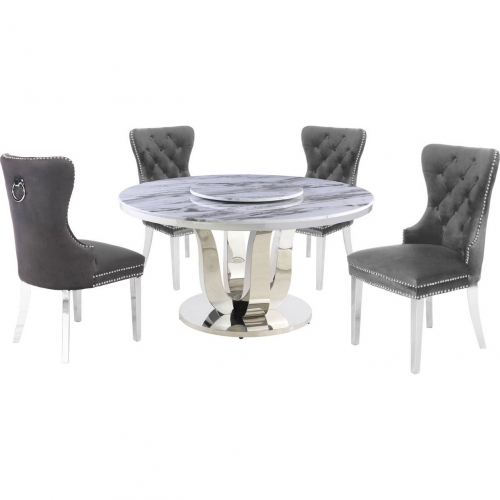 D16 6 Piece Dining Set with Lazy Susan in White Marble, Stainless & Dark Gray Velvet