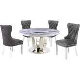 D16 6 Piece Dining Set with Lazy Susan in White Marble, Stainless & Dark Gray Velvet