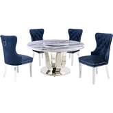 D16 6 Piece Dining Set with Lazy Susan in White Marble, Stainless & Navy Blue Velvet