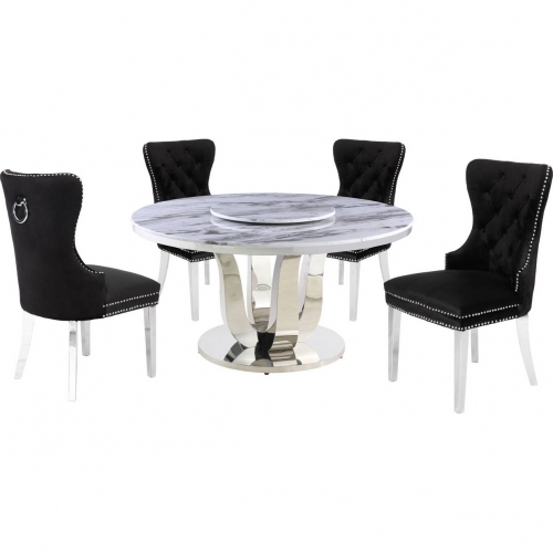 D16 6 Piece Dining Set with Lazy Susan in White Marble, Stainless & Black Velvet